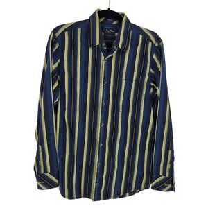 vintage Indigo palms mens medium blue yellow stripe button up shirt hong kong